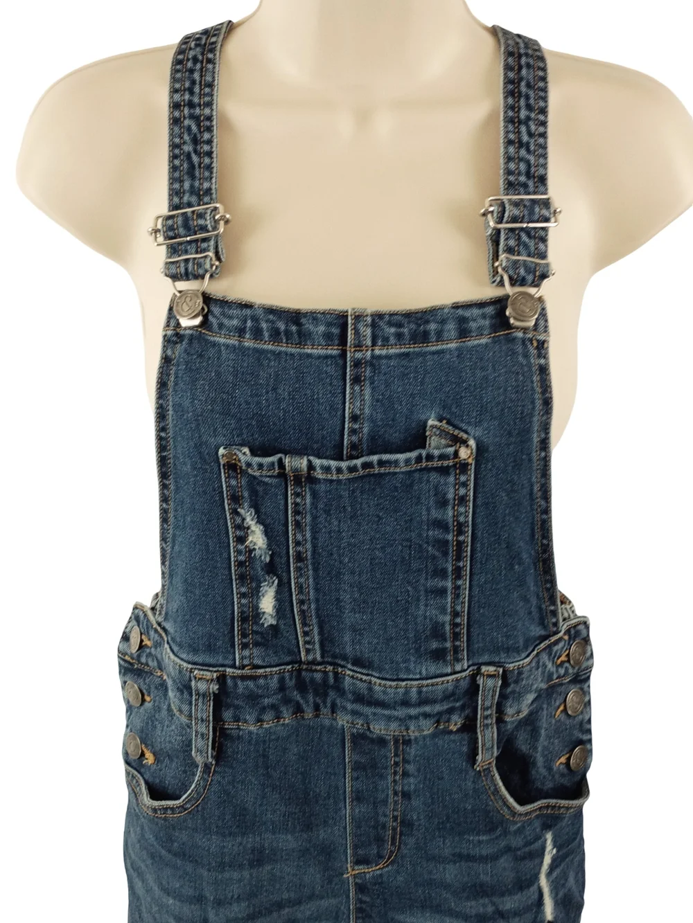 Treasure & Bond Distressed Blue Denim Overalls with Contrast Stitching